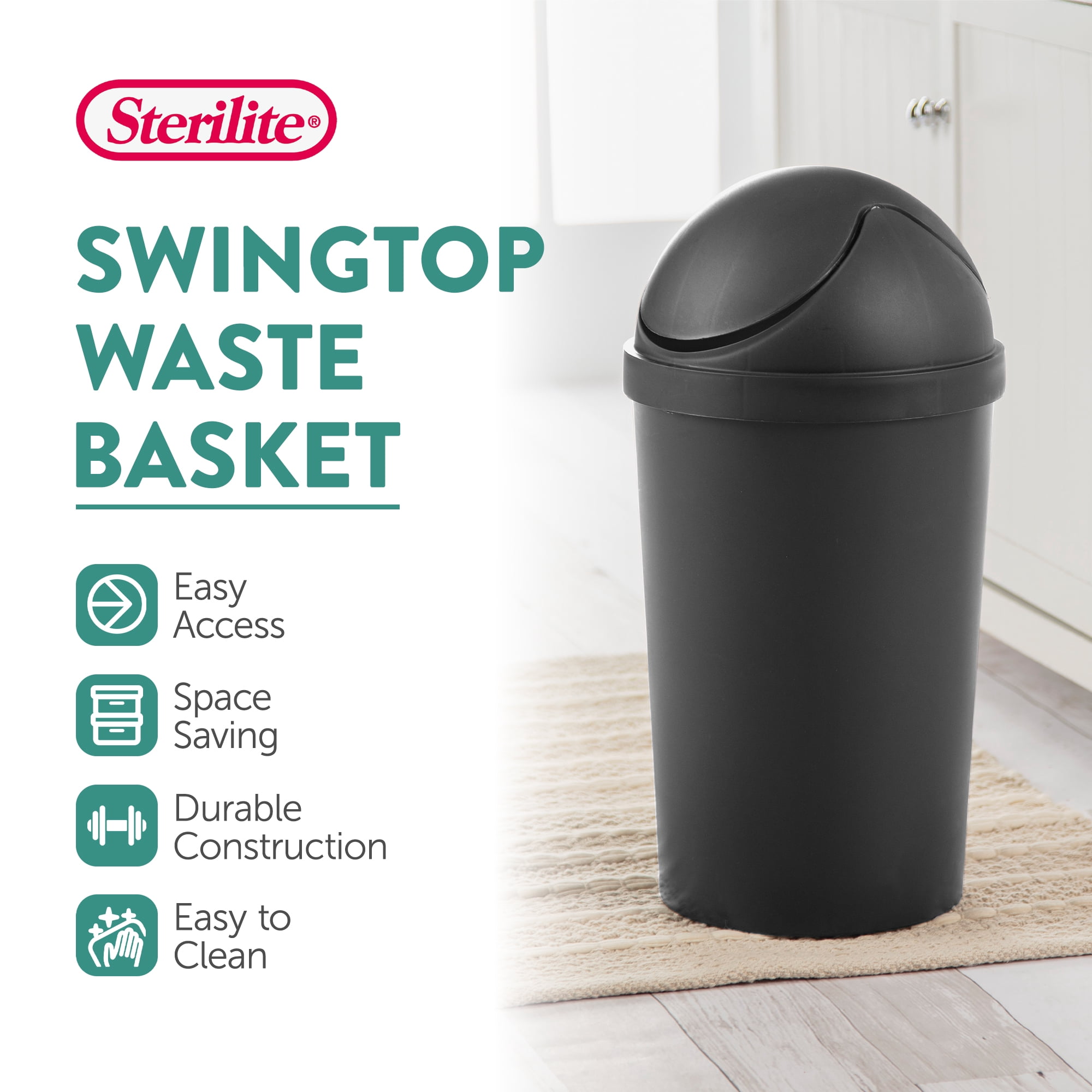 Sterilite 3 Gallon Round Swing Top Wastebasket, Plastic, Pet