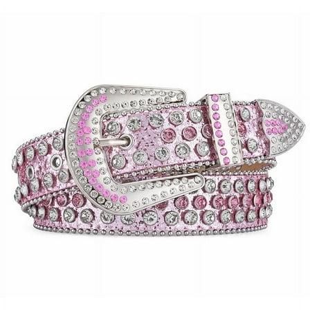 Namzi Men Women Rhinestones Belt, Western Bling Belt Sparkly Diamond Belt Cowgirl Cowboy Punk Studded Belt (Pink)