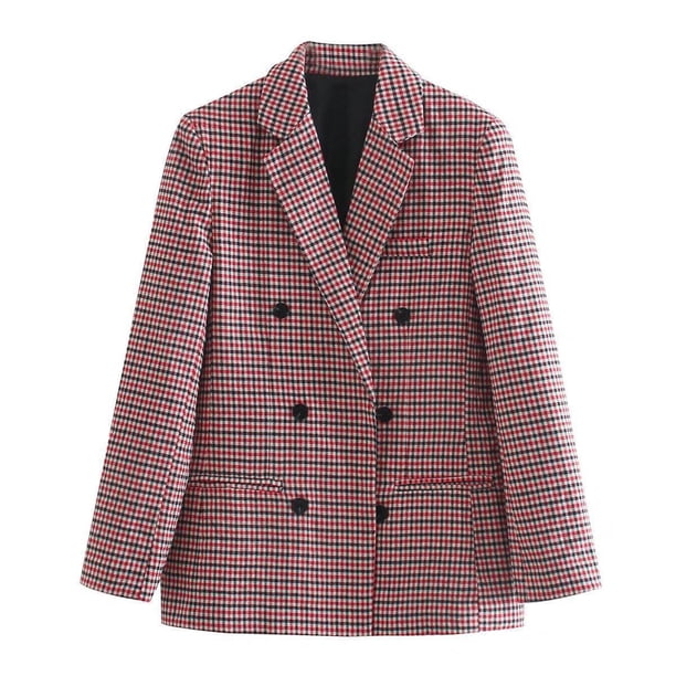 Pntutb Damas Vintage Doble Botonadura Manga Larga A Cuadros Mujer Hombro Acolchado Traje Blazer Rollbacks Pntutb Pntutb-3127