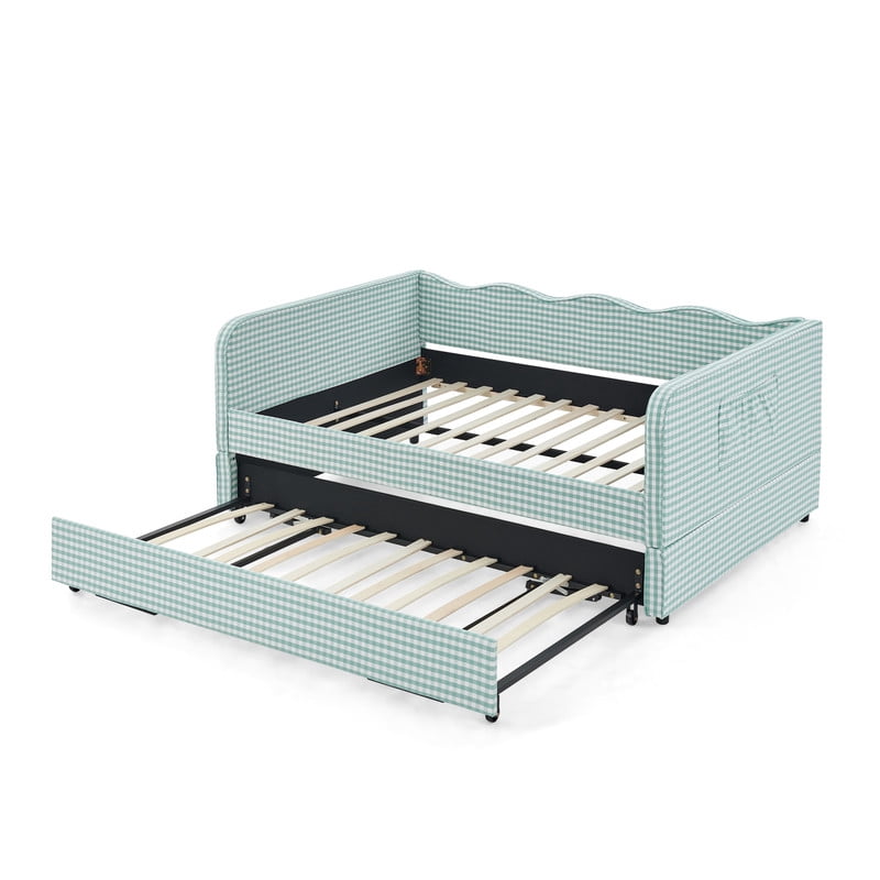 Full Size Daybed with Pop Up Trundle, Gingham Twin to King Daybed with Side Storage Pockets, Upholstered Sofa Bed Frame for Living Room Bedroom, No Box Spring Needed