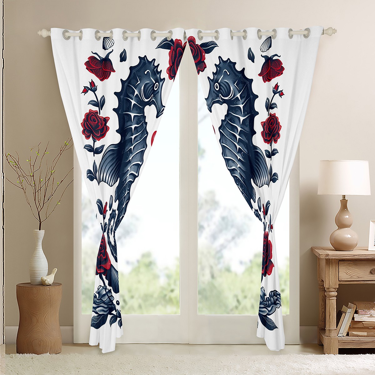 Erosebridal Cartoon Seahorse Blackout Curtains Vintage Rose Curtains ...