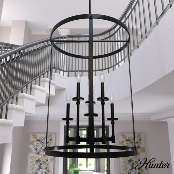 Hunter - Briargrove 6-light Matte Black, Medium Size Chandelier, Dimmable, Formal Style, Cylinder Shaped, for Bedrooms, Dining, Living Rooms - 19698