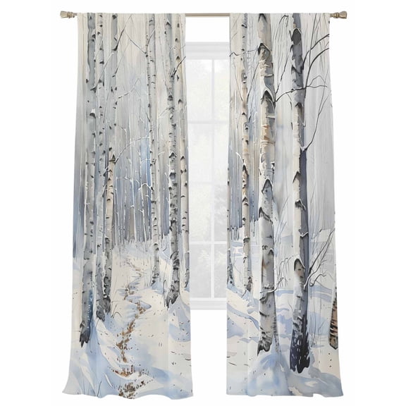 Winter Sheer Curtains 84 inches Long 2 Panels Set Watercolor Hand Drawn Birch Snow Landscape Tiers Sheers Rod Pocket Small Window Short Curtains for Kitchen Cafe, Each 52" W x 84" L