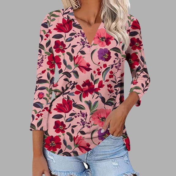 Womens Tunic Tops 3/4 Sleeve Cotton Womens Summer Cotton Shirts Boho Womens T Shirts Loose Fit Printed T Shirts for Women Loose Fit