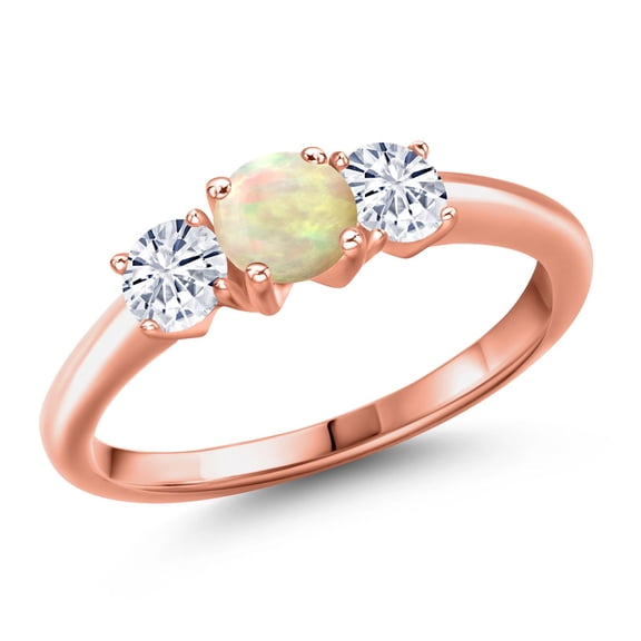 Gem Stone King 18K Rose Gold Plated Silver White Ethiopian Opal and White Moissanite Engagement Ring for Women | 0.76 Cttw | Round Cabochon 5MM | Gemstone October Birthstone | Size 6