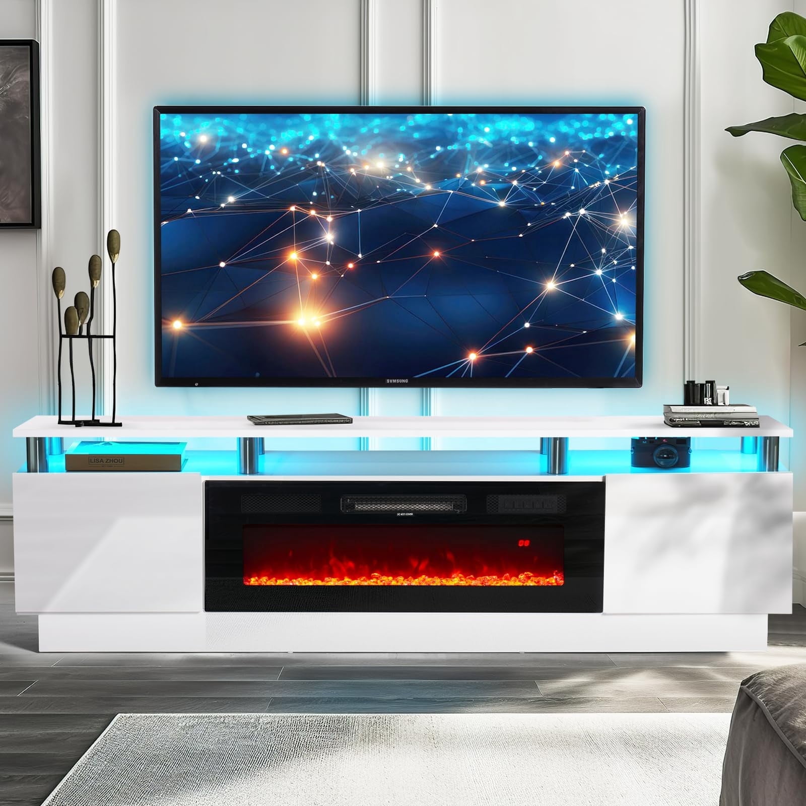 Oneinmil Fireplace TV Stand with 36” Electric Fireplace, Entertainment Center for TVs up to 90", LED Lights Entertainment Center, TV Console, White