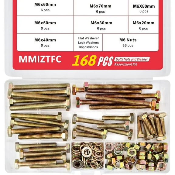 MMIZTFC 168Pcs M6 Hex Head Screws Bolts and Nuts Flat & Lock Washers Assortment Kit 20mm 30mm 40mm 50mm 60mm 70mm 80mm, Grade 8.8