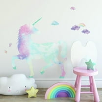Galaxy Unicorn Peel And Stick Giant Wall Decal with Glitter Rainbows, Clouds, Gemstones Stickers