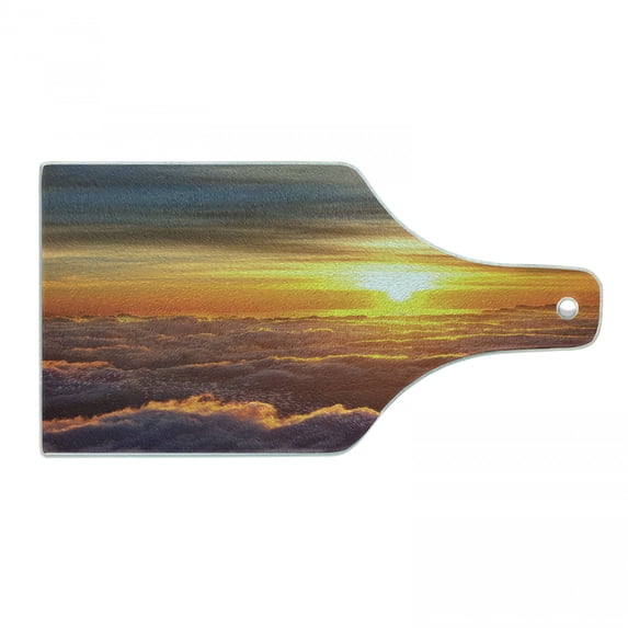 Clouds Cutting Board, Sunset Scenery over the Clouds Imaginary Secret Weather Lands Natural Wonders on Earth, Tempered Glass Cutting and Serving Board, Wine Bottle Shape, Orange, by Ambesonne