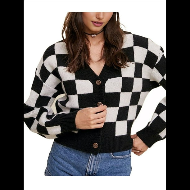 Suéter Corto A Cuadros con Botones y Crochet para Mujer, Top de Verano con Bloques de Color. Negro L