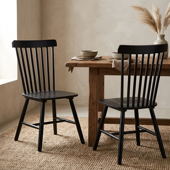Dayalane Farmhouse Windsor Dining Chairs Set of 2, Solid Wood Spindle Back Dining Side Chairs, Mid-Century French Country Oak Kitchen Chairs for Dining Room Living Room Kitchen Restaurant, Black