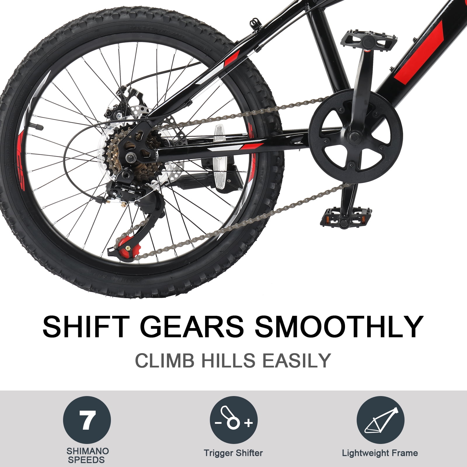 UBesGoo 20in 7 Speed Mountain Bike, Lightweight All Terrain Bicycle with Dual Disc Brakes, Suspension, Black Red