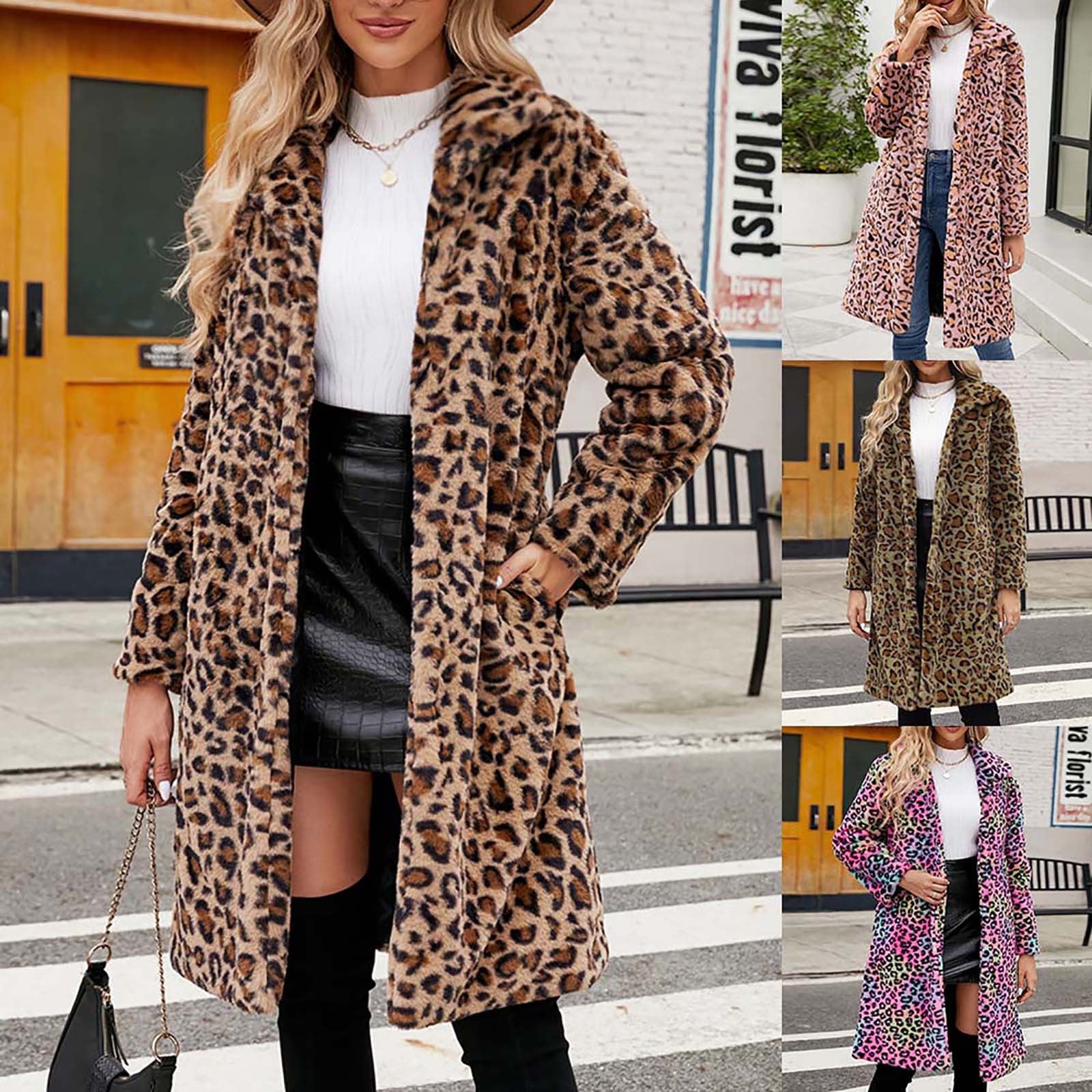 EQWLJWE Fall Faux Fur Long Leopard Cardigan for Womens Fashion