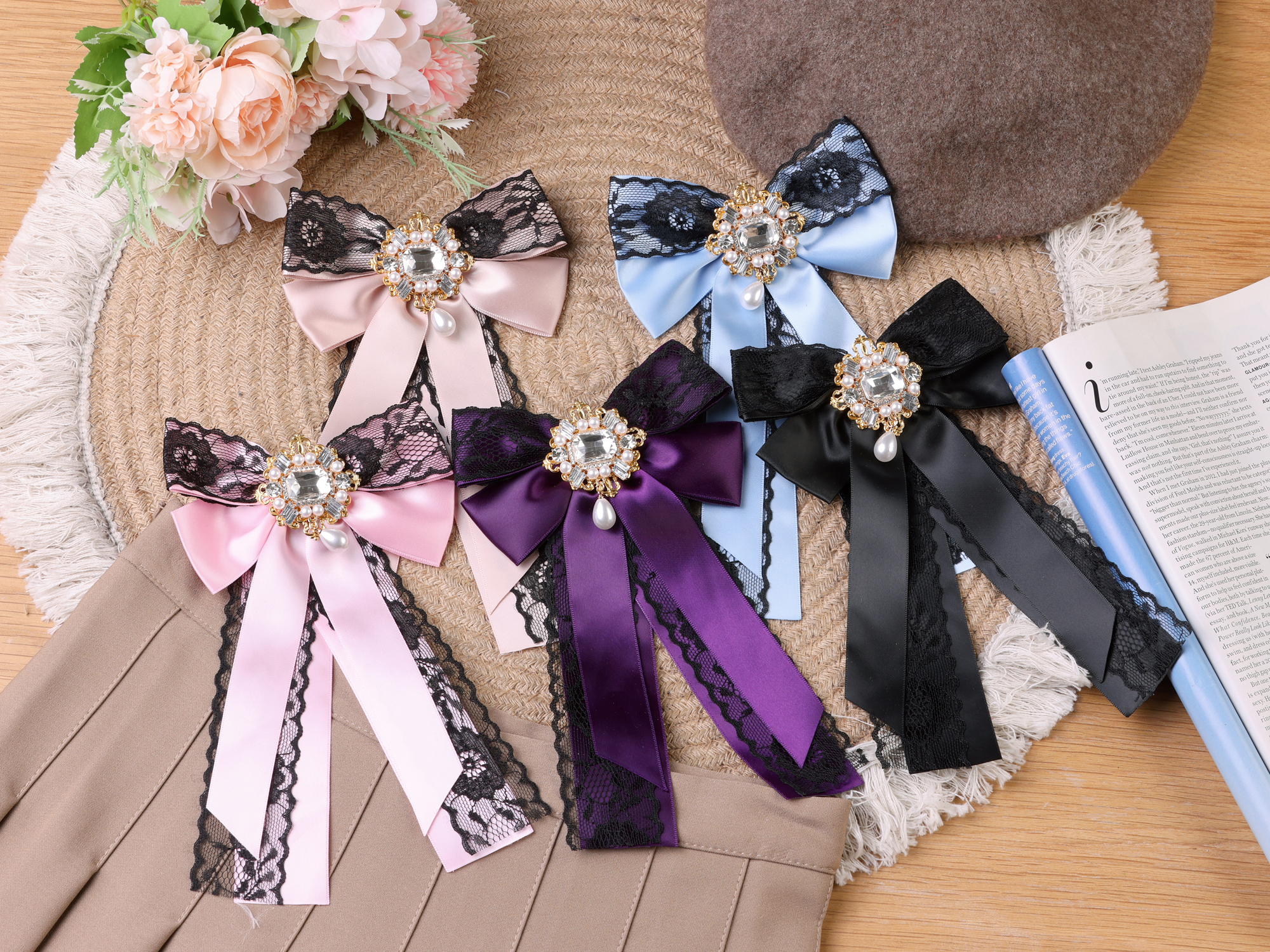 DARING DIVA Women's Black Lace Trimmed Ribbon Pre-tied Bow Tie Black