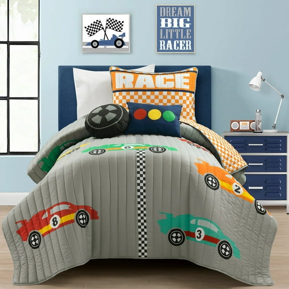 Lush Decor Racing Cars Reversible Oversized Quilt Gray/Orange 4Pc Set Twin