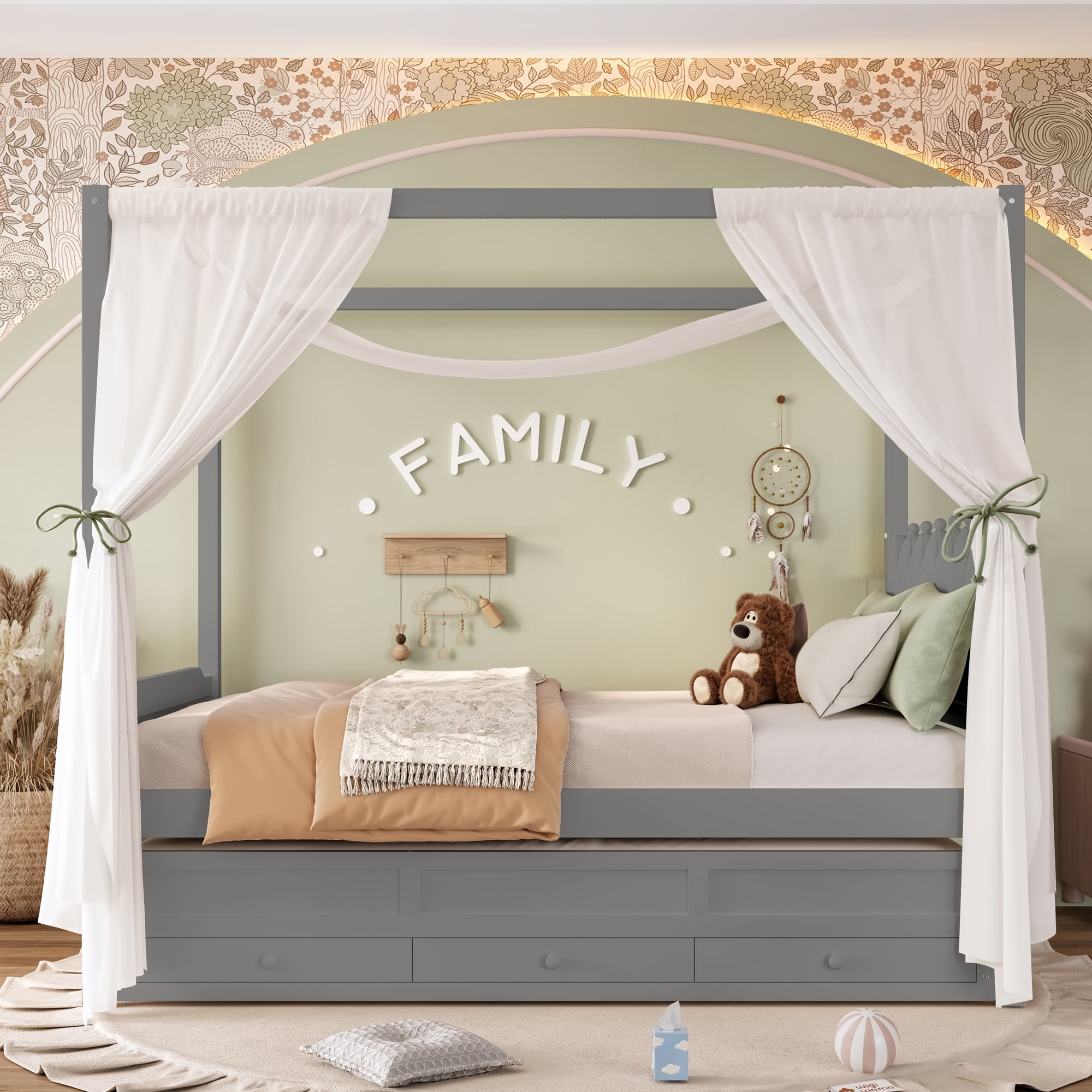 Mintazer Princess Upholstered Headboard Full Size Platform Canopy Bed Frame with Twin Trundle and 3 Storage Drawers for Kids Girls, Gray