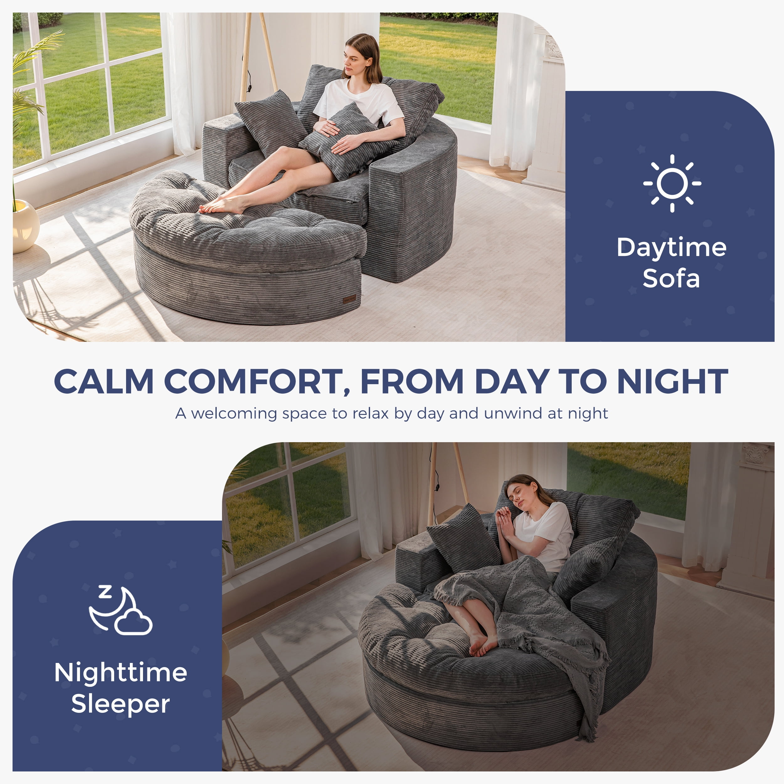 BYBYME 49''Round Chaise Lounge Chair,Corduroy Sofa Bed With Deep Seat,Upholstered Boneless Chaise Indoor,Cozy Sleeper Couch for Living Room with Ottoman,DGrey