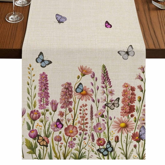 Table Runners 60 Inches Long Dress Scarves, Spring Floral Farmhouse Kitchen Table Runner, Small Coffee Tablerunners, Watercolor Lavender Daisy Butterflies Beige 13x60 Inch