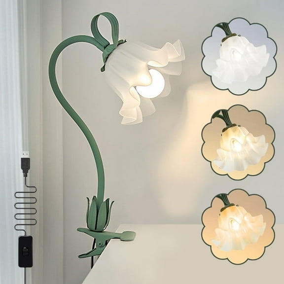 Flower Table Lamp, LED Reading Light Clip on Bedside Vintage Flower Night Light, 3 Colors Modes Cute Bedside Lamps Decor, Living Room Bedroom Nursery Dorm Lighting Table Lamps Home Decoration (Green)