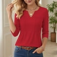 thumbnail image 2 of ClodeEU Women's Summer V Neck 3/4 Sleeve Pullover Top with Pleated, Casual T-Shirt Blouse Red,Womens Plus S, 2 of 8