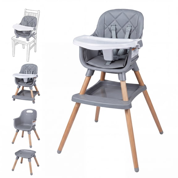 Babyjoy 9-in-1 Convertible High Chair with Harness & Waterproof Cushion for Babies Toddlers Gray