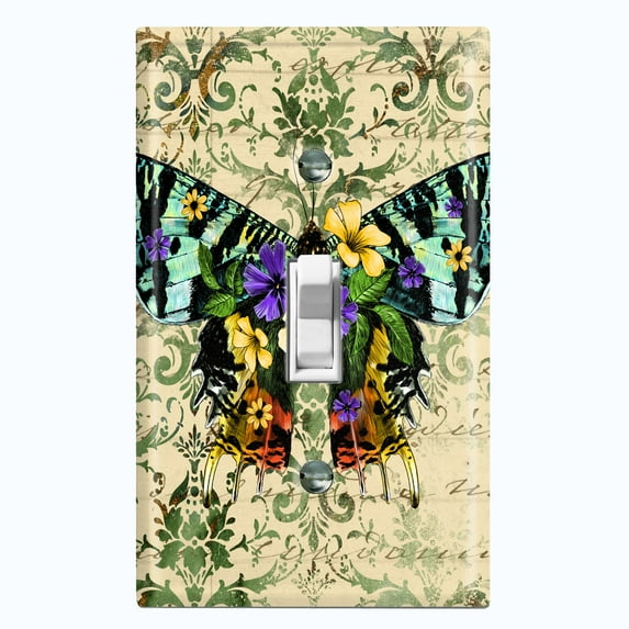 Metal Light Switch Plate Cover Colorful Floral Butterfly Green Damask BUT028