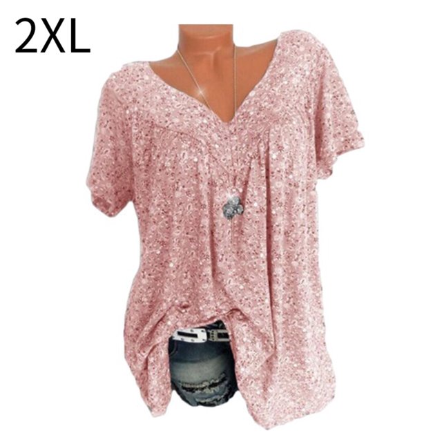 Camiseta de mujer con cuello en V, manga corta, camiseta de verano informal estampada, rosa, XXL Methold AP001653-37