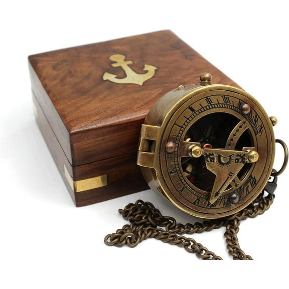 Brass Sundial Compass - Portable, Durable - Ideal for Camping, Hiking, Boating - Unique Home Decor - Jeweled Compass Needle