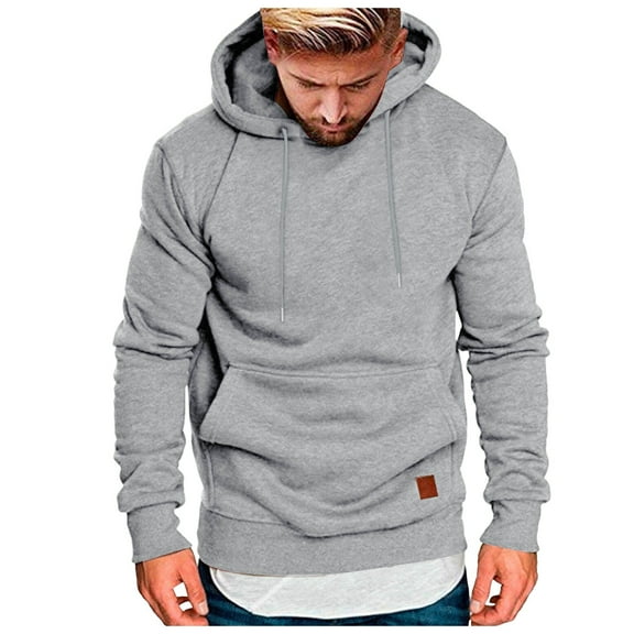 Men Casual Hoodies With Pocket Solid Color Drawstring Leather Label Comfortable Loose Trendy Sweatshirt For Daily Wear,Light Gray,S