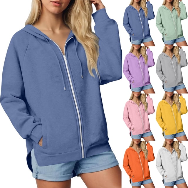 Yuyuzo Jackets for Women Zip up Lightweight Long Sleeve Hooded Sweatshirts Casual Solid Side Split Hoodie Outfits