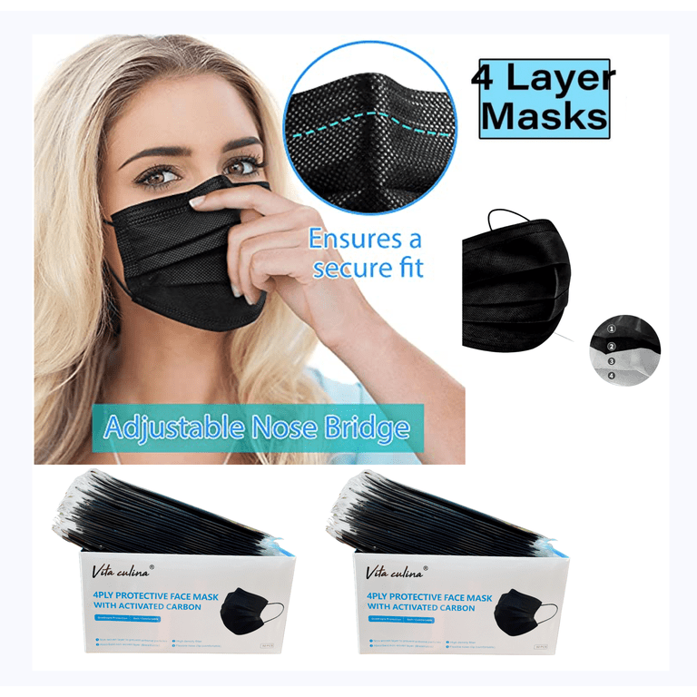 50pcs Medical Masks, Black 4-Ply Protective Adult Masks, Dust