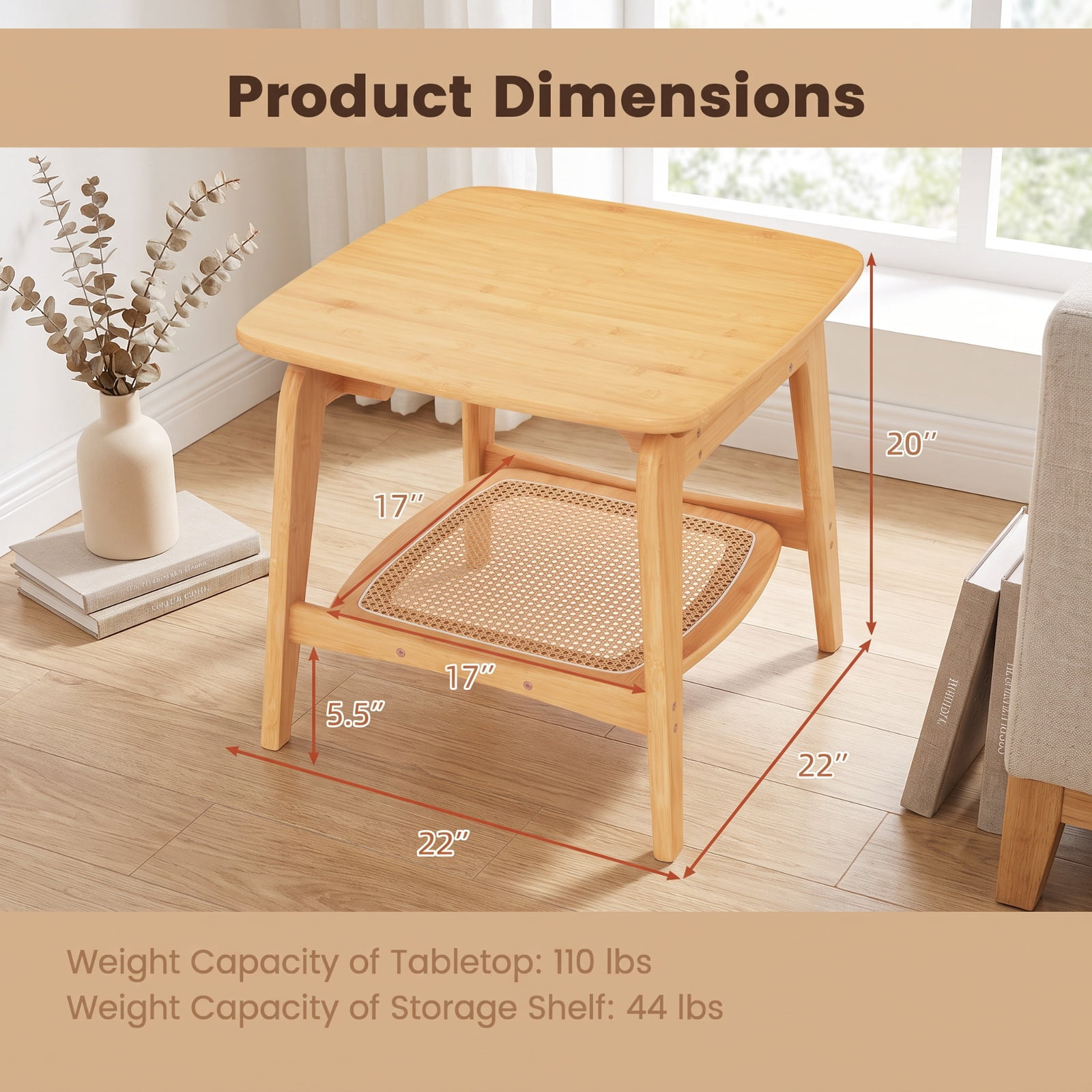 Furnibear Boho Bamboo Sofa Side Table with Faux Rattan Storage Shelf and Curved Frame for Living Room Bedroom and Study, Natural