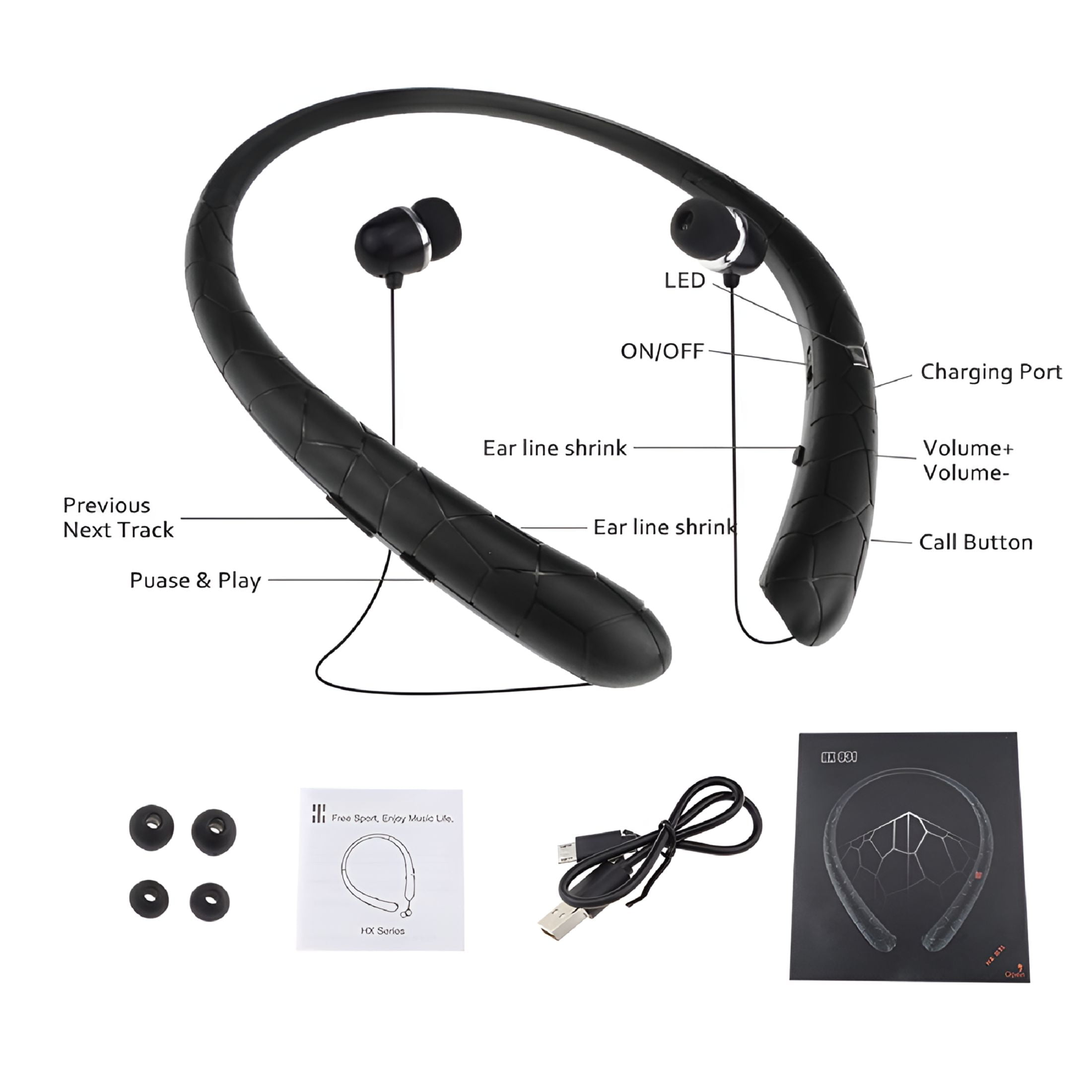 GJX Bluetooth Headphones Retractable, Neckband Earbuds Wireless Headset Sports Noise Cancelling Stereo Earphones with Microphone Compatible with iPhone, Android, , PC, Sweatproof (Black)