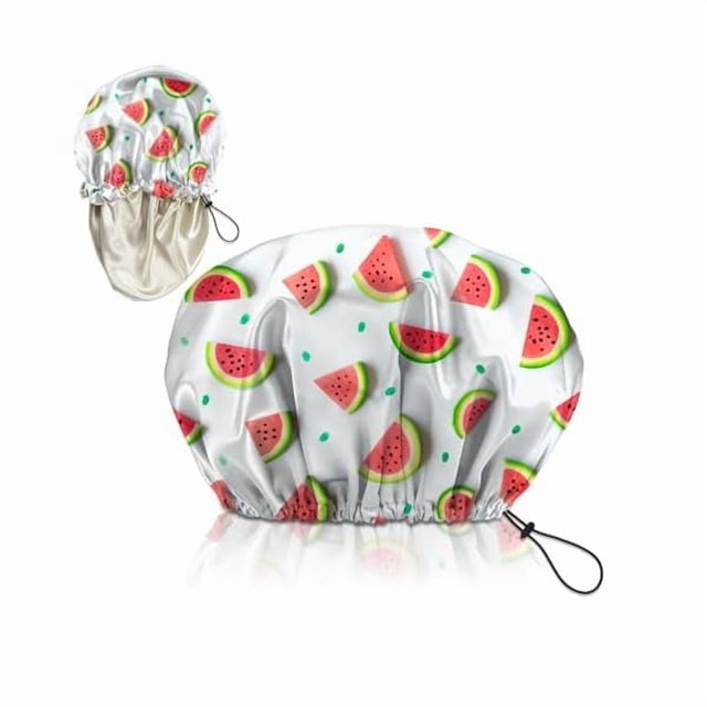 wonima11 Luxury Shower Cap Adjustable Reusable Double Waterproof Layer Elastic Satin Lined Hair Bath Cap Cute Aesthetic Women Girls-Watermelon