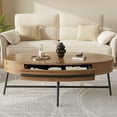 thumbnail image 4 of Yeshouse Mesa de centro ovalada de 120 cm con cajón, mesa de centro de madera de estilo moderno de mediados de siglo con almacenamiento y patas metálicas cruzadas para sala de estar, 4 of 7