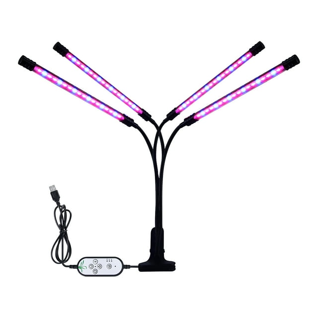 4 Heads LED Grow Light with Blue Red Light 4/8/12H Timer 5 Brightness Leves Clip