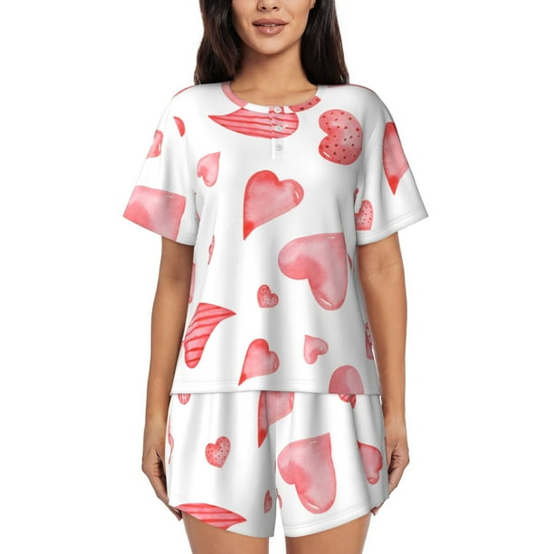Balery Pink Hearts Conjunto de Pijama para Mujer con Estampado, Dos Piezas de Manga Corta y Shorts, Ropa de Dormir Suave con Cuello Redondo y Bolsillos-Small