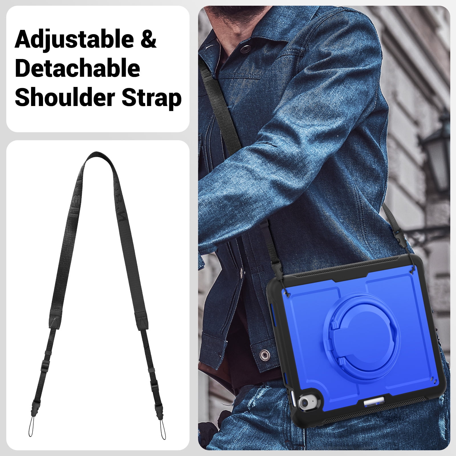 Shockproof Case for Apple iPad Air 11 Inch M3 M2 2025/2024, Rugged Hybrid Protective Cover with Pencil Holder & Shoulder Strap Kids Friendly Rotating Kickstand Case for iPad Air 11 Inch, Darkblue