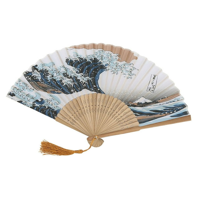 Ventilador Plegable de Bambú de 11.8 Pulgadas Con Diseño de Olas de Seda de Olas de Olas A Mano Para El Floral Tallado para la Oficina en Casa