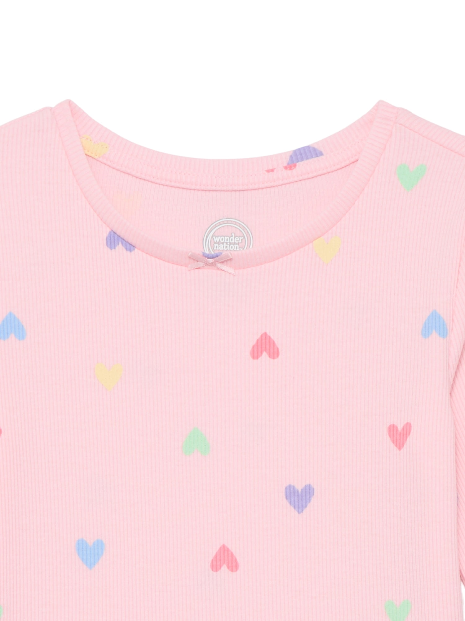 Wonder Nation Girls Printed Rib Tee with Long Sleeves, Sizes 4-10