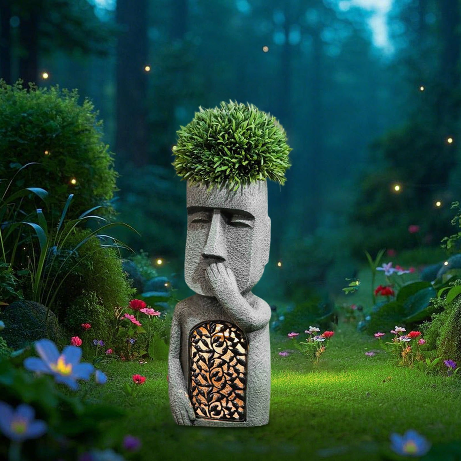 Solar Powered Moai Statue Planter - Easter Island Head Garden Decor with Built-in Solar Light, Outdoor Resin Sculpture for Yard, Patio & Terrace - Unique Garden Art Gift