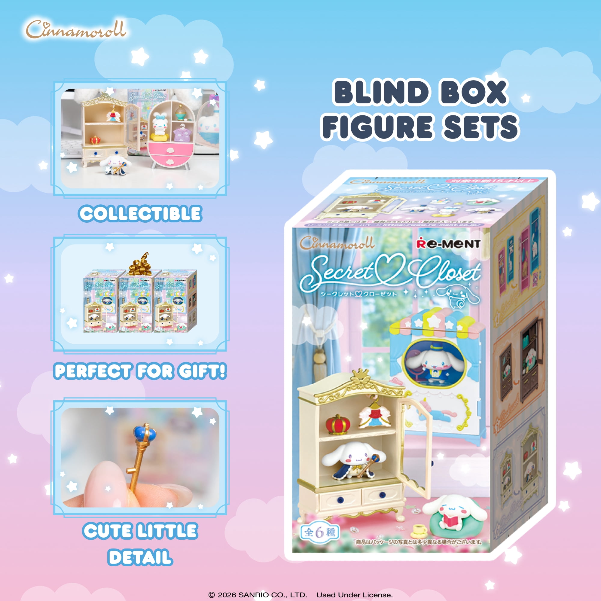 Hamee RE-MENT Hello Kitty and Friends Blind Box Diorama Miniature Figure Set for Birthday Gift, Party Favor, Collectible Figurine, Sanrio Fan (Cinnamoroll Secret Closet) – 6 Pc. (Full Set)