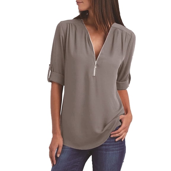 Nnhblu Shirts for Women Long Sleeve Front Zipper Shirt V Neck Chiffon Gray