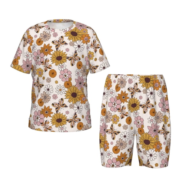Balery Sunflowers And Butterflies Conjunto de Pijama Infantil de Manga Corta con Estampado – Ropa de Dormir de Algodón Suave-3X-Large