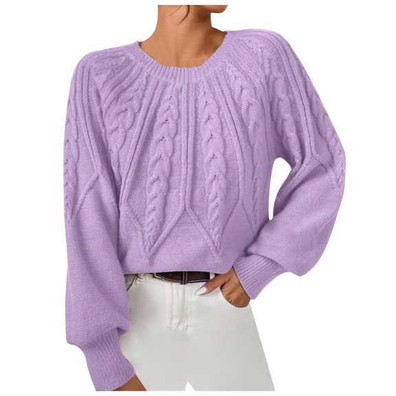 Ediodpoh Women's Casual Solid Color Crew Neck Threaded Pullover Sweater Womens Sweaters Purple XL