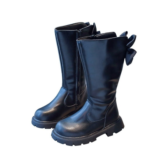 Fall Winter Mid-Calf Boots For Kids Girls Bowknot Leather Boots With Round Toe Thick Soft Heel Solid Color Fashion Outdoor Combat Boots Snow Boots Hiking Riding