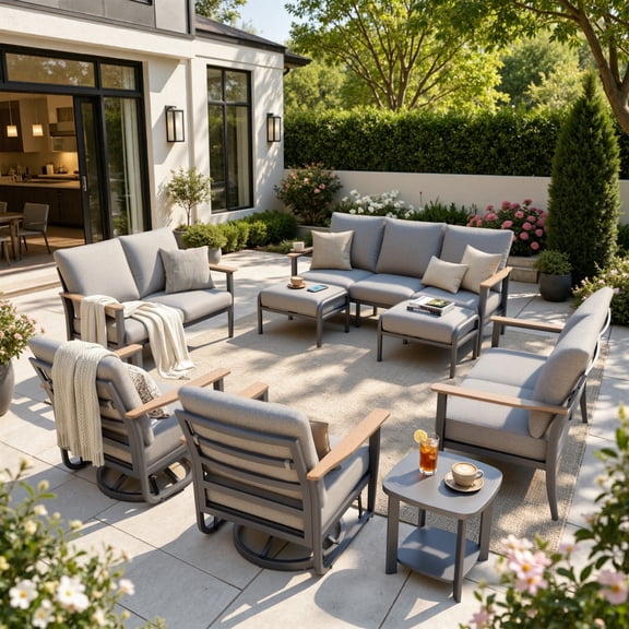 Muphyers 8 Piece Aluminum Patio Furniture Set, All Weather Patio Conversation Sets, Swivel Rocking Chairs and Ottomans, 5.1" Cushions Outdoor Couch for Porch, Garden, Backyard, Deck,Gray