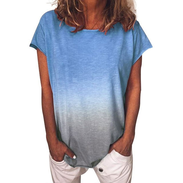 MAWCLOS Ladies Tops Gradient Color Tee Short Sleeve T Shirt Casual Summer Crew Neck Tunic Blue M