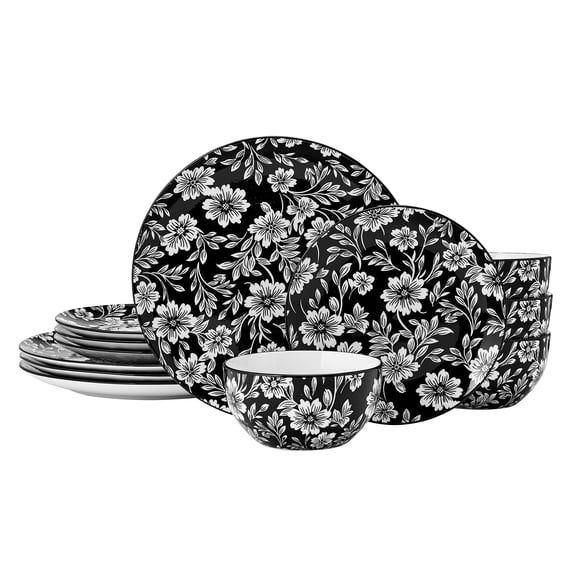 Elegance 12 Piece Floral Stoneware Dinnerware Plate Bowl Dish Set, Service for 4