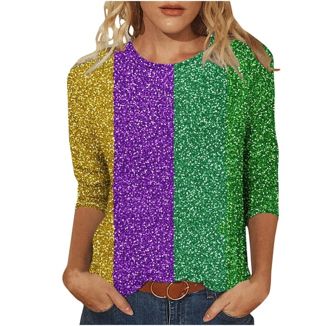 Penkiiy Blouse de Carnaval Manches 3/4 Chemise de Printemps T-Shirt Quotidien Blouse à Imprimé Masque Mardi Gras Col Rond 2024 Tunique Habillée 3TG Multicolore